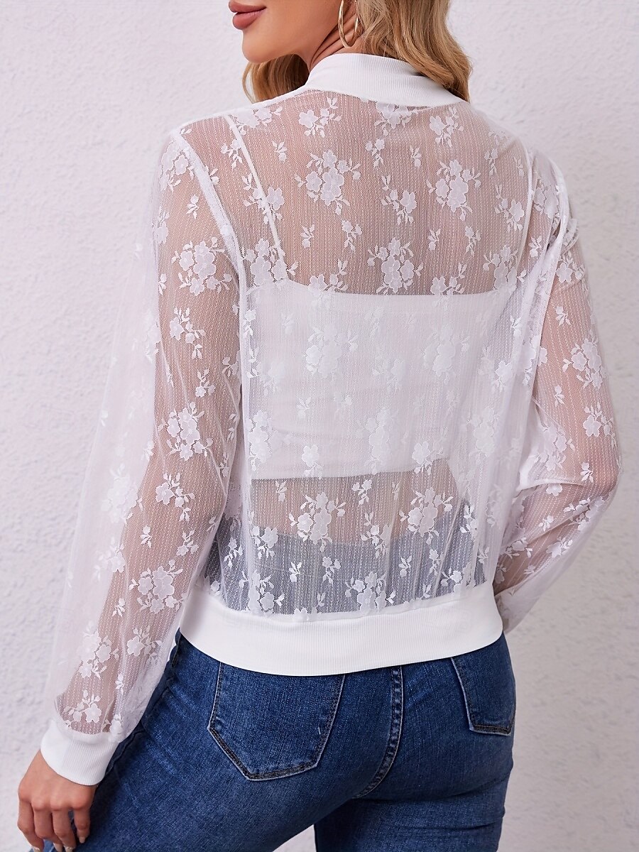 Women's Bomber Jacket Breathable Comfortable Lace Patchwork Zipper Elegant Casual Plain Street Casual Daily Wear Zipper Short Stand Collar Regular Fit Long Sleeve Outerwear White Summer 2025 - $26.99 –P2