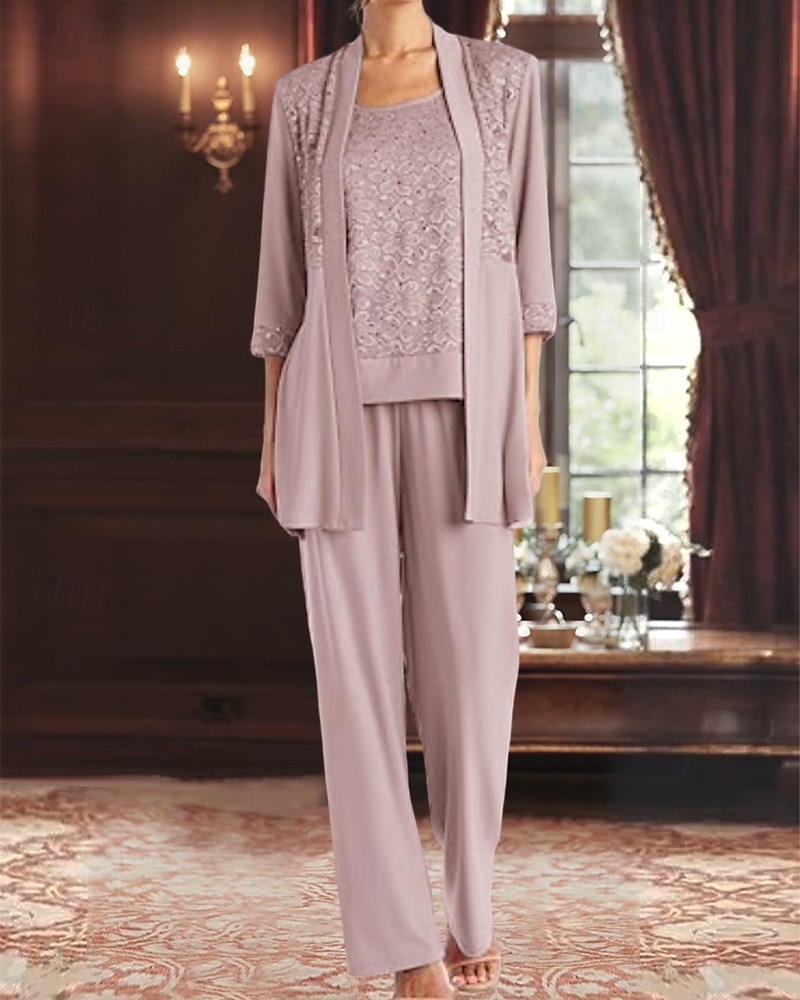 Overall / Hosenanzug Dreiteilig Hosenanzug Brautmutterkleid Elegant Vintage Einfach U-Boot-Ausschnitt Knöchellänge Stretch Chiffon Halbarm mit Spitze Paillette Stickerei 2025 2025 - $129.99 –P4