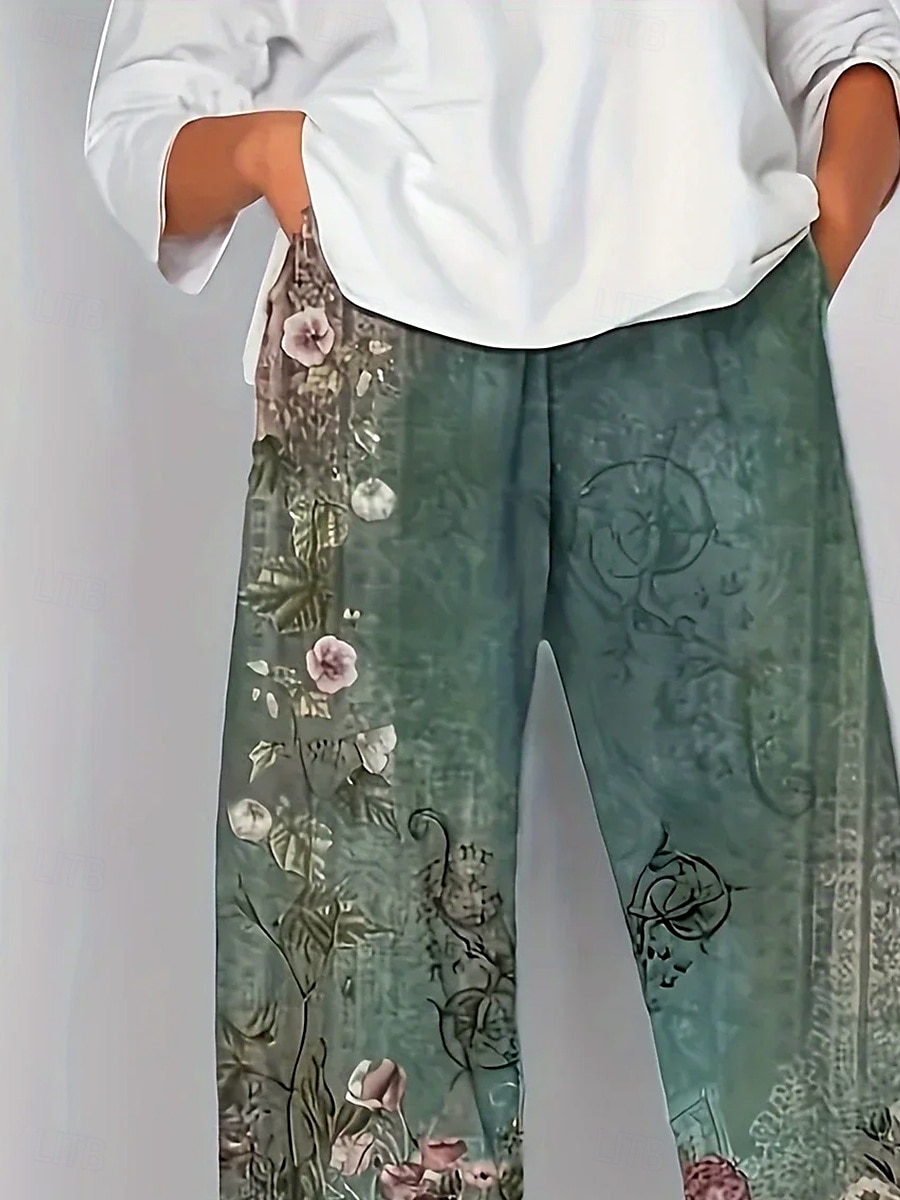 Dames Chinese Wijde broek Vakantie Vintage Etnische stijl Enkellengte Hoge taille Grafisch Paisley Lapwerk Trekkoord Opdrukken Ademend Micro-elastisch Vakantie Straat Causaal Grijs Groen Grijs Zomer 2025 - $20.99 –P2