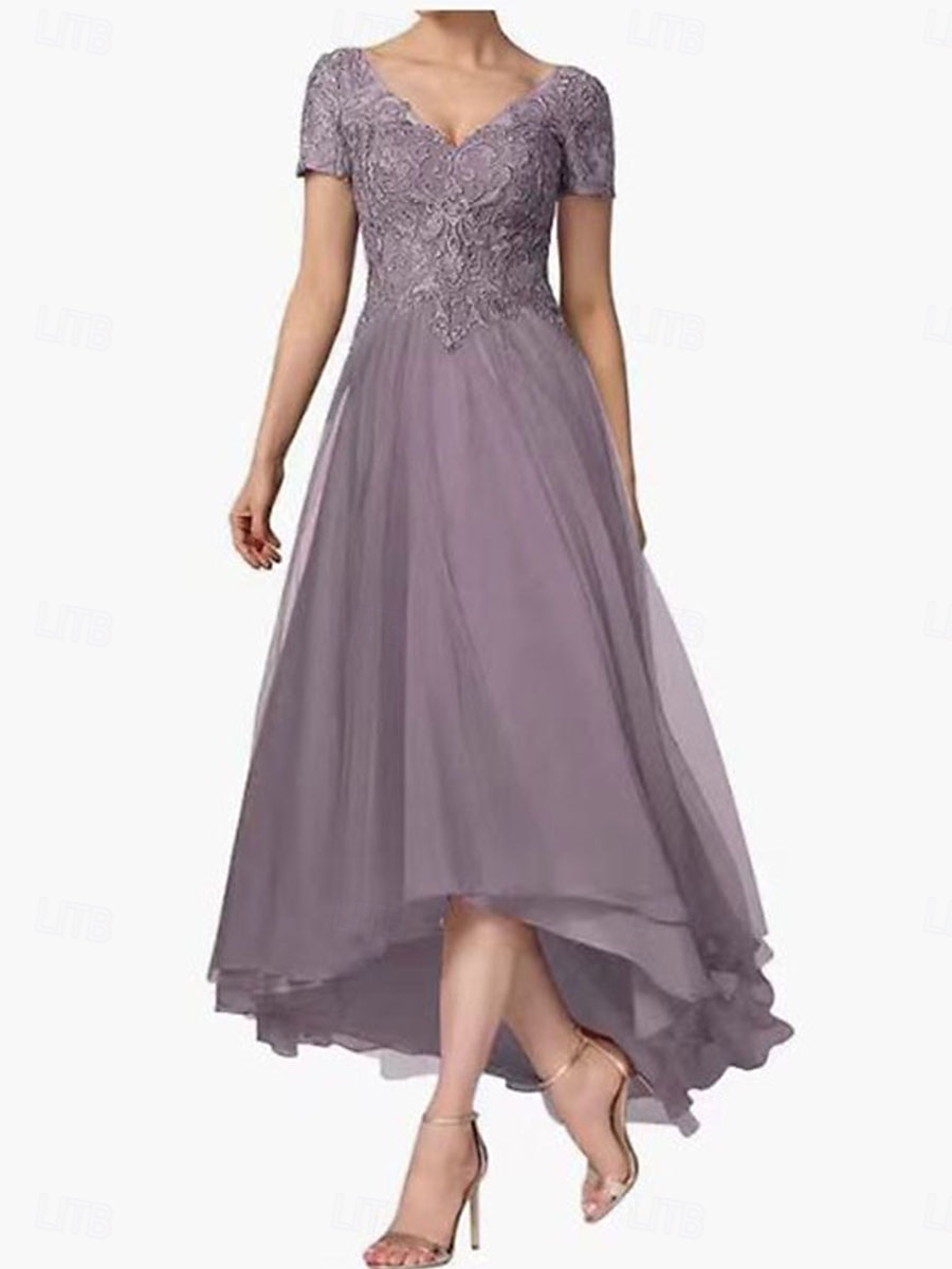A-line šaty pro matku nevěsty elegantní V výstřih asymetrický chiffon krátký rukáv s jednobarevným provedením 2025 - $119.99 –P6