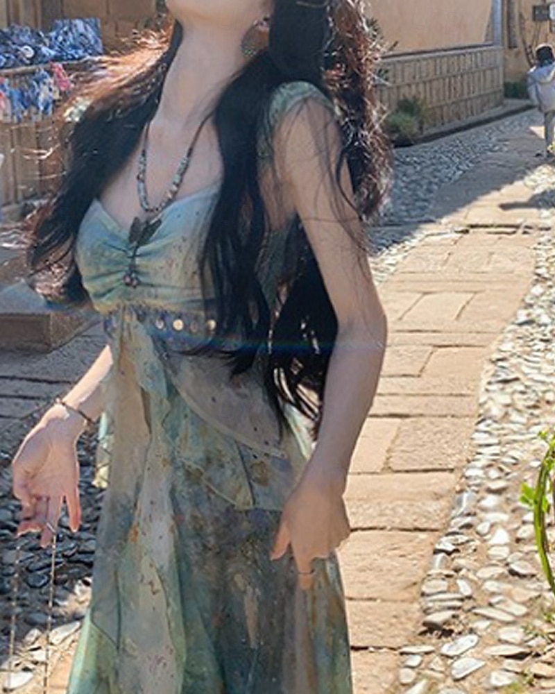 Dames Lange jurk maxi-jurk Jurk met print Modern Vakantie Feestdagen Teaparty Normale pasvorm Bloem Mouwloos V-hals Groen Zomer 2025 - $31.99 –P6