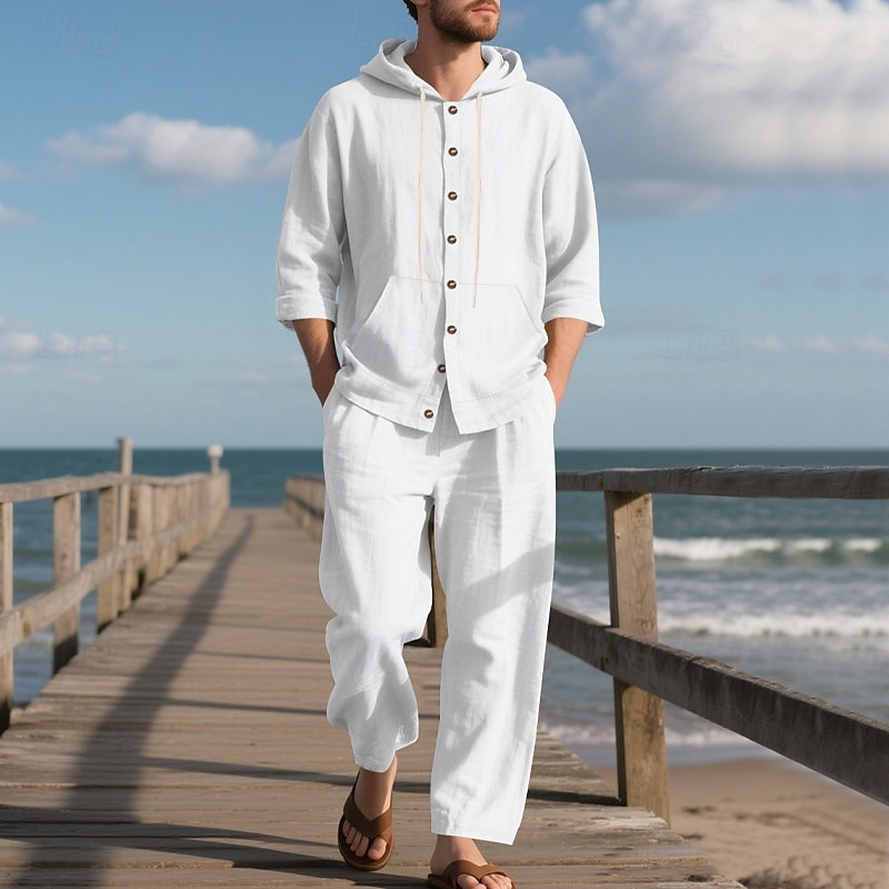 Men's T-shirt Suits Shirt and Pant Sets 2 Pieces Outfits Long Sleeve Hooded Summer Spring Solid Color Fashion Casual Buttons 2 Piece Vacation Daily Wear Going out Black White Yellow Top Tee for Men 2025 - $45.99 –P18
