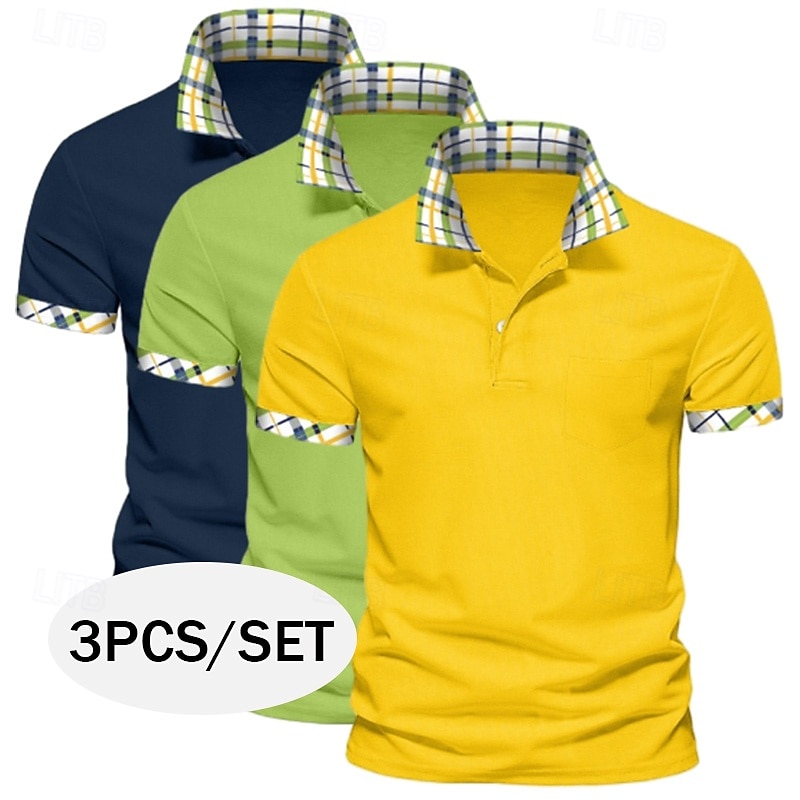 Camisa polo masculina de 3 peças, cor sólida, xadrez, bloco de cores, camisa de golfe, manga curta, lapela, casual, esportiva e ao ar livre, botões, verão, primavera e outono, verde, azul de 2025 por $45.99 –P1