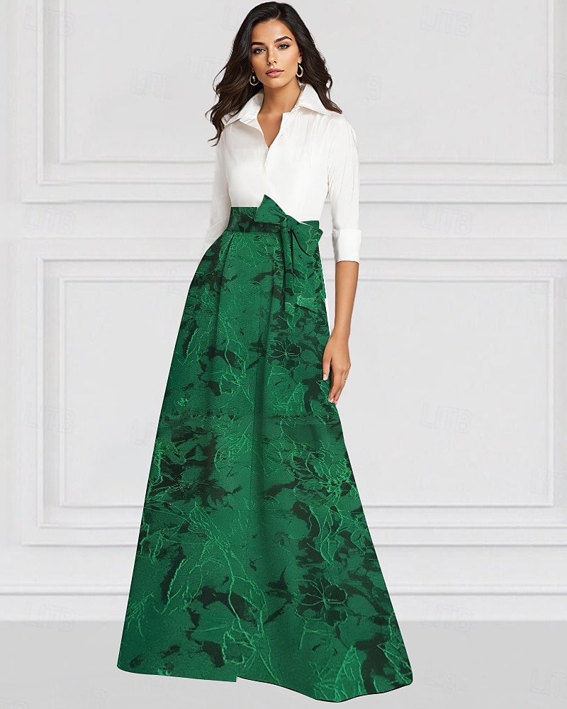 Grün Schwarz und Weiß A-Linie Brautmutter Kleid Elegantes Vintage Hemdkragen Bodenlang Stretchstoff Langarm mit 2025 - $139.99 –P1