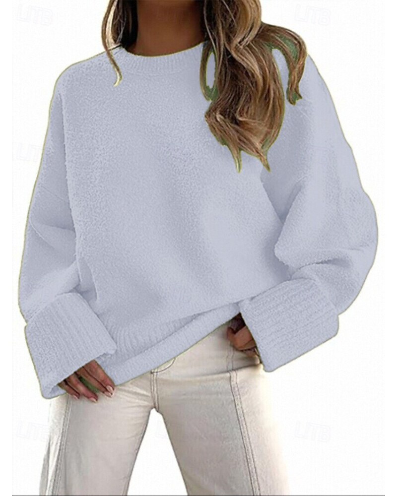 Women's Sweater Pullover Fashion Solid Color Ribbed Crew Neck Knitted Long Sleeve Regular Tops Knit Outdoor Holiday Going out Black White Fall 2025 - $28.99 –P7