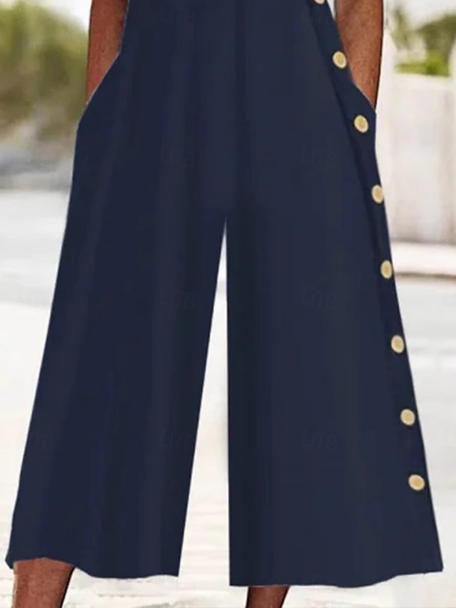 Dames Normaal Jumpsuit Actief Effen Kleur Halve mouw Breed Been V-hals Knop Zak Vakantie Dagelijks Normale pasvorm Marineblauw Zomer 2025 - $37.99 –P3