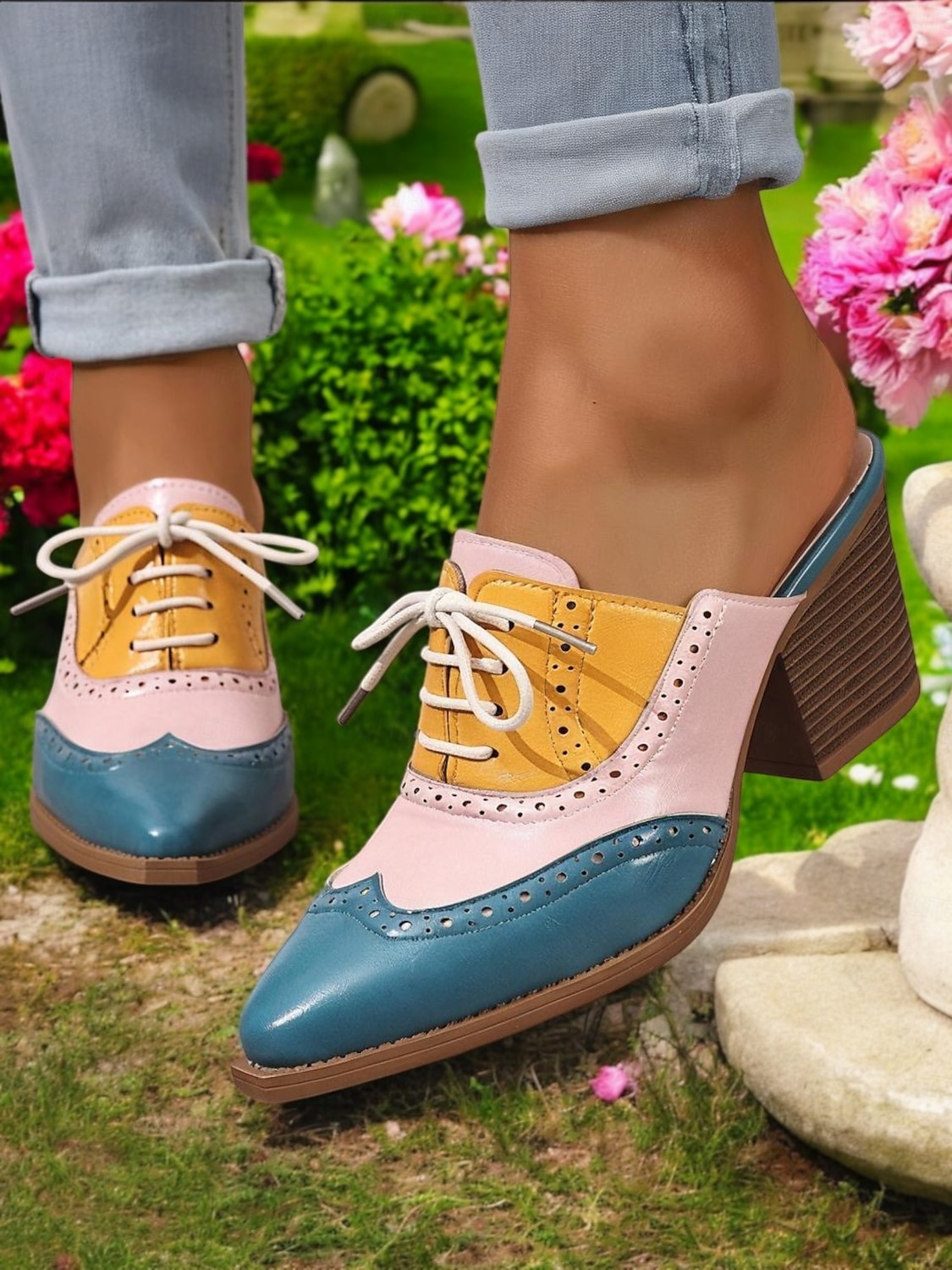 Mules à talons Oxford colorblock pour femmes – chaussures brogues rétro à bout golf pour les amatrices de vintage, les tenues de bureau et les sorties décontractées de 2025 ? $32.99 –P3