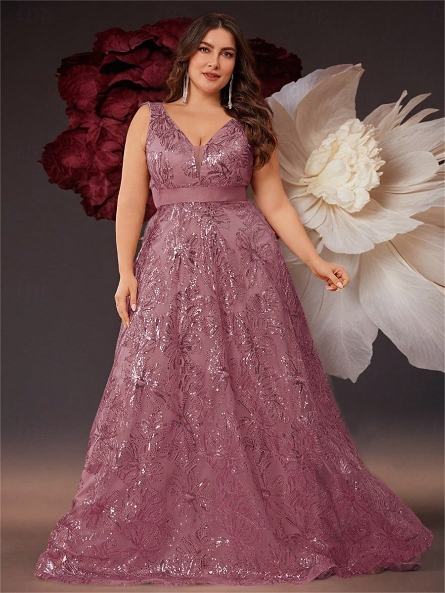 A-Linie Plus Size Kleider Elegantes Kurvenkleid Formelles Hochzeitskleid Bodenlang Ärmellos V-Ausschnitt Spitze mit Pailletten 2025 2025 - $109.99 –P17