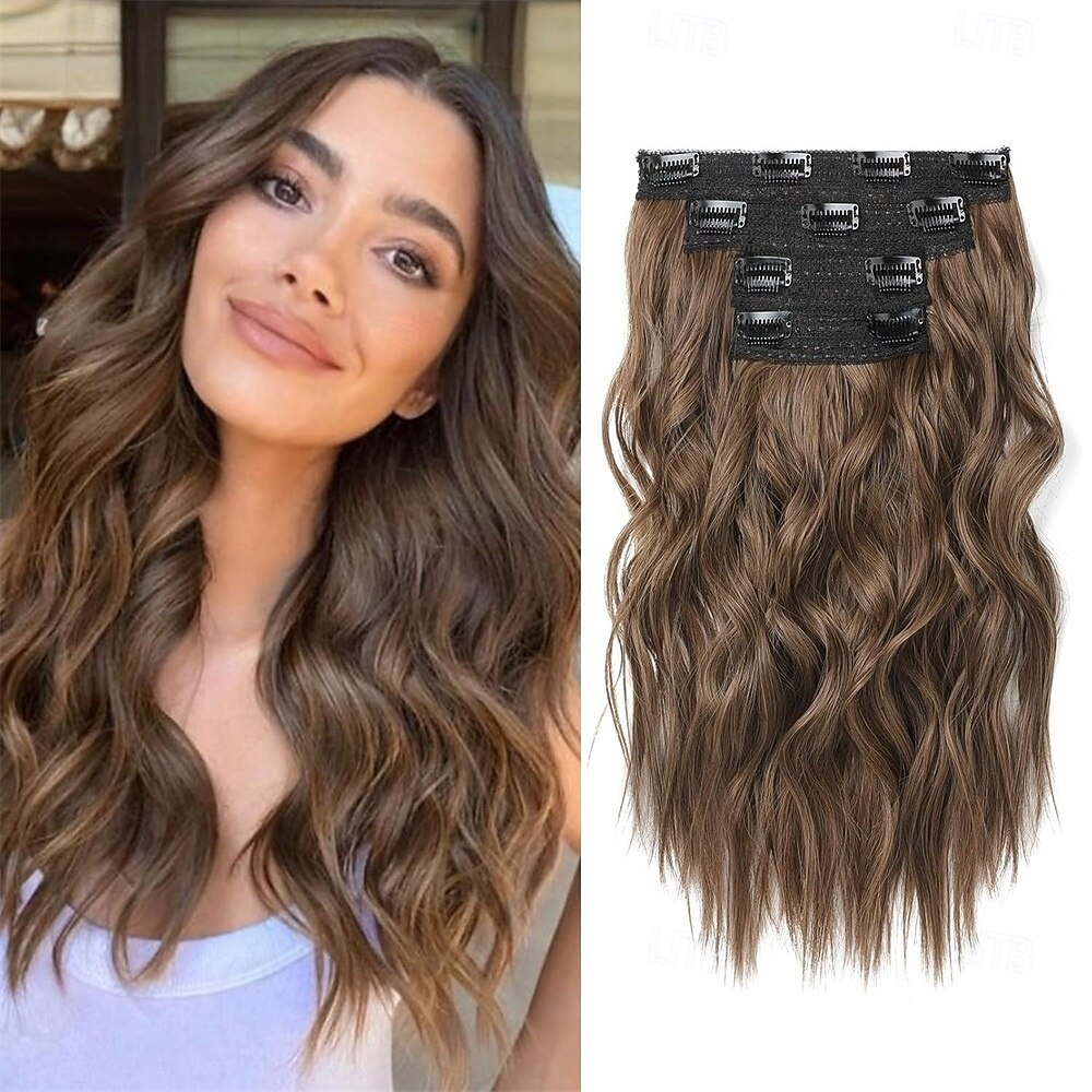 2026年 ヘアエクステンション 14 ショートクリップインヘアエクステンション 4個 合成ビーチウェーブブロンドナチュラルソフトヘアピース女性用 - ハイライト付きダークゴールデンブロンド  コレクション – $28.99 –P6