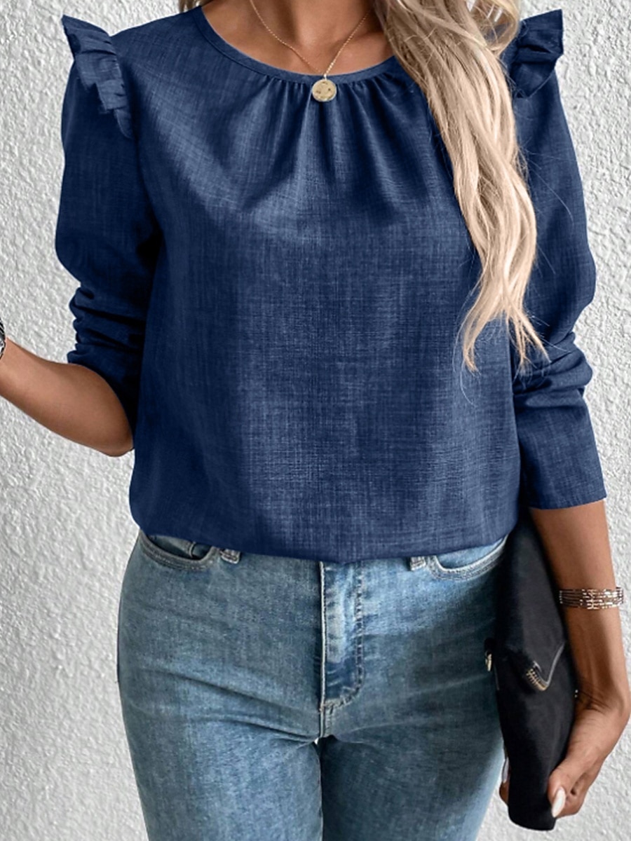 Dame T skjorte عادي Mote Moderne Fritid Langermet Crew-hals Vanlige topper Daglig Helg Drapering Knapper Svart Navyblå Kakifarget Grå Sommer 2025 - $25.99 –P1