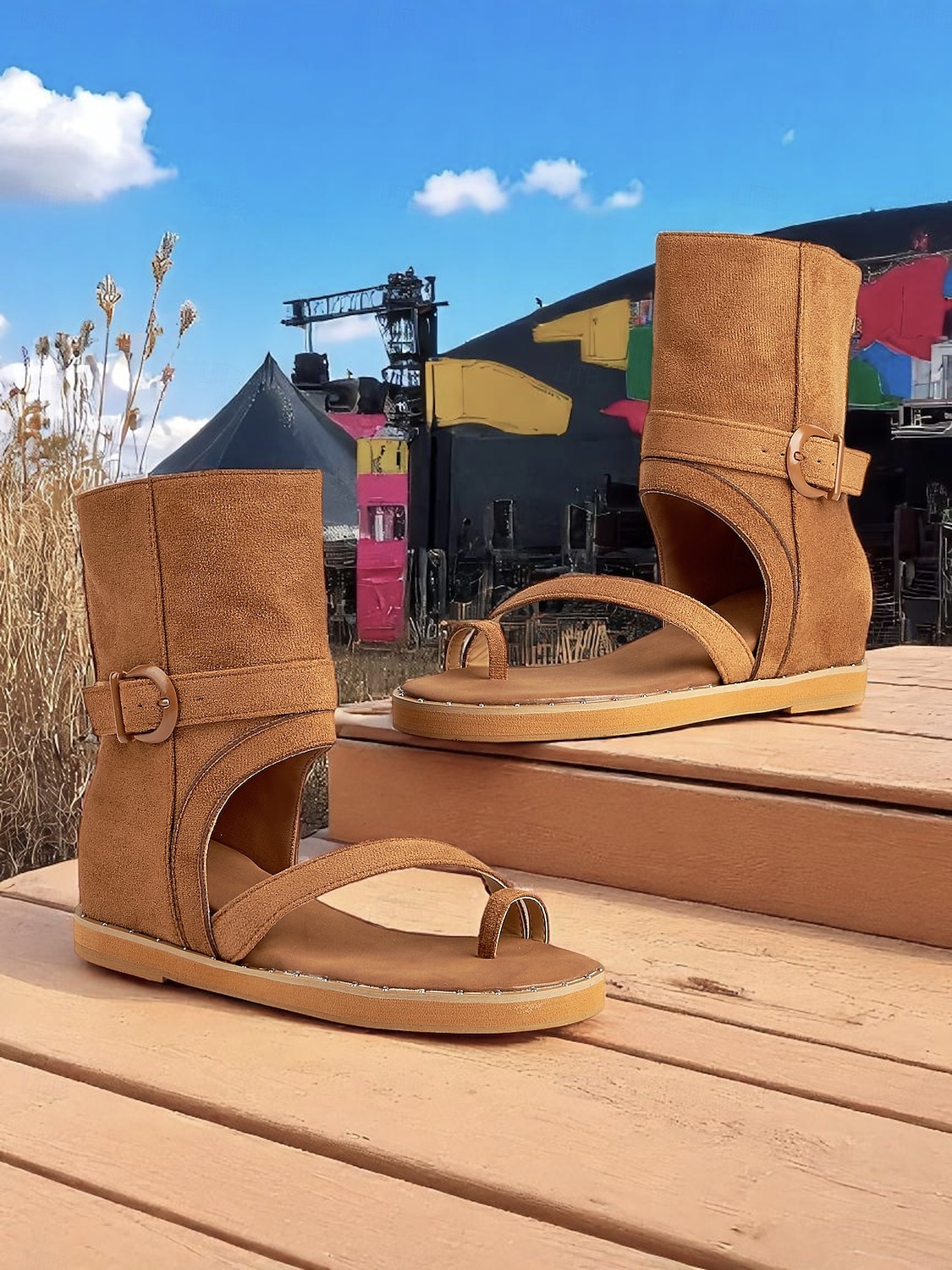 Bruna gladiatorsandaler med vristrem, dragkedja och spänne för dam – bohemiska platta stövlar med öppen tå för sommarfestivaler, camping och vardagligt utomhusbruk 2025 - $34.99 –P1