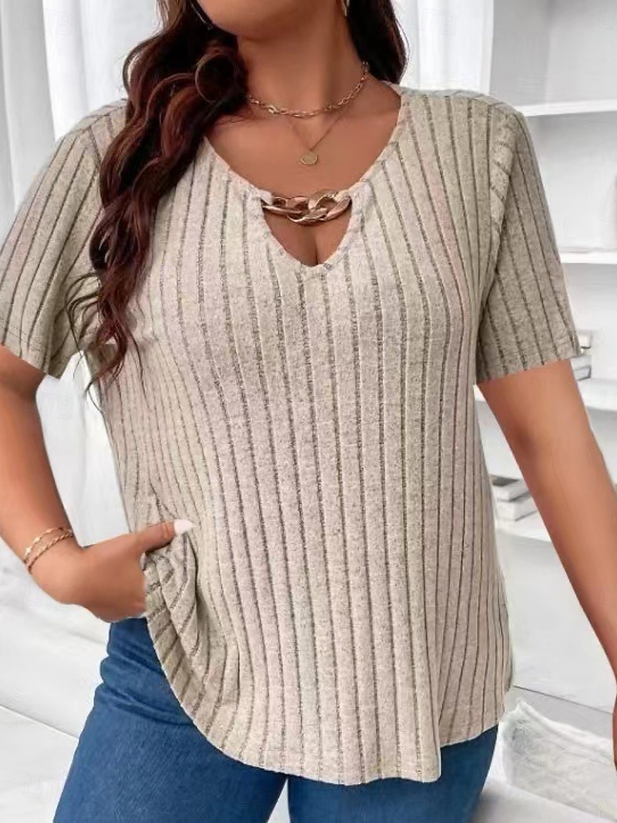 Pentru femei Plus Size Topuri Tricou Culoare solidă Peteci Manșon scurt În V Modă Șic Stradă Casual Zilnic Sfârșit de săptămână Împletit Vară Albastru regal Maro 2025 - $19.99 –P1