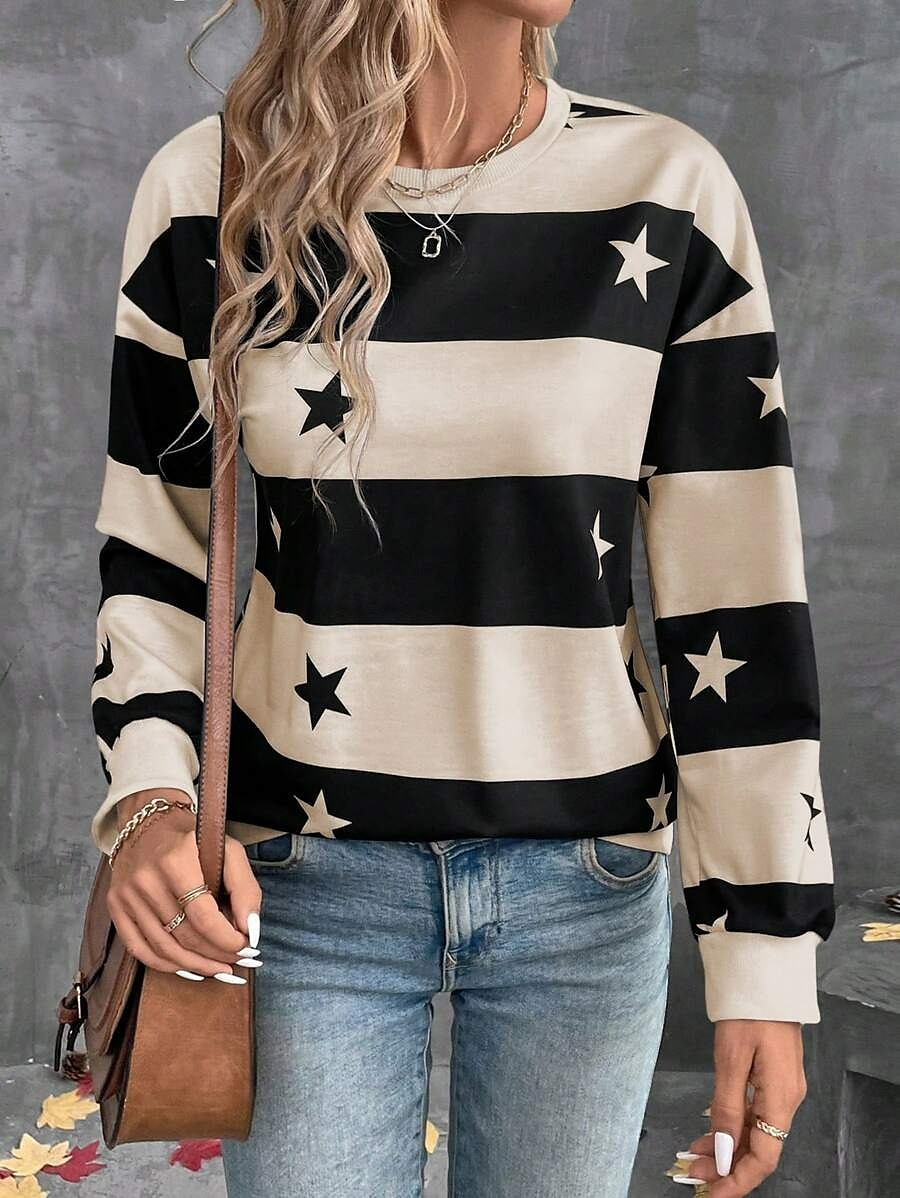 Femmes Sweatshirt Pull Graphique Rayé ancien Mode Occasionnel manche longue Col ras du cou Hauts Réguliers Rue Tenue Quotidienne Occasionnel Imprimé Noir Bleu Vert Kaki Printemps Automne Hiver de 2025 ? $24.99 –P8
