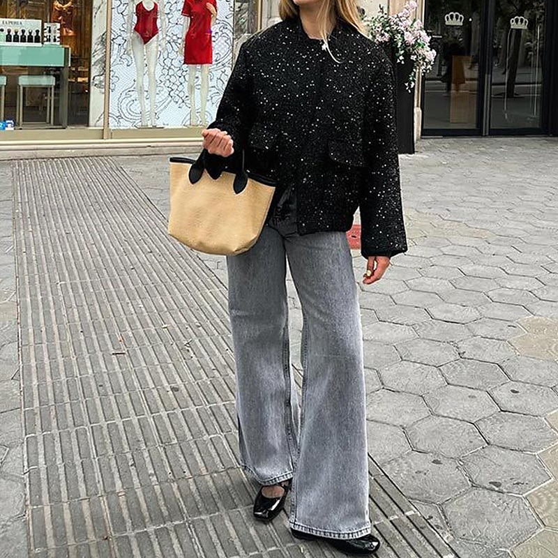 Mujer Abrigo de invierno Cómodo Bolsillo Lentejuela Moda Plano Exterior Noche Botonadura Simple Regular Escote Chino Ajuste regular Manga Larga Ropa de calle Negro Dorado Otoño Invierno 2025 - $39.99 –P8