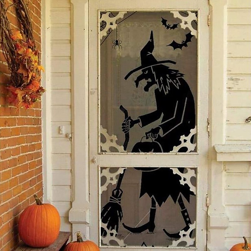 Halloween Scary Witch Front Door Curtain Decoration, Halloween Broomstick Bats Flying Jagged Bottom Display 2025 - $10.99 –P5