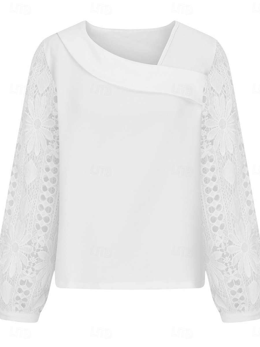 Damen Elegante Weiße Spitzen Tops Ösen Bluse Lässig Einfarbig Reguläre Tops Langarm Asymmetrische Spitzen Patchwork Reguläre Passform Täglich Schwarz Weiß Rosa Romantische Petite Tops Sommer Urlaub 2025 - $29.99 –P8