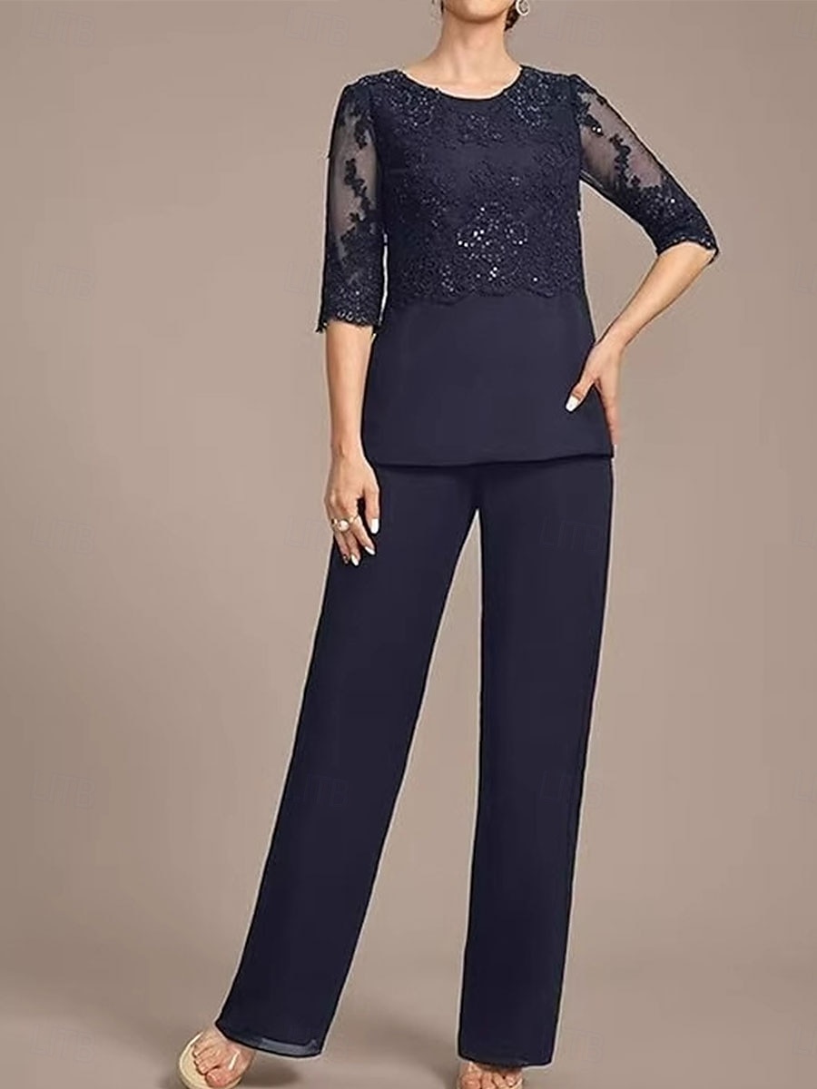 Completo da Madre della Sposa Elegante Vintage Collo Rotondo Lunghezza Caviglia Manica Mezza con Colore Solido del 2025 a $129.99 –P4