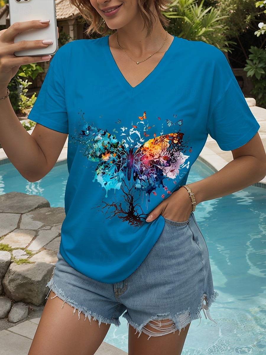 Pentru femei Tricou Grafic Animal Fluture Epocă Stilat Clasic Manșon scurt În V Topuri obișnuite Zilnic Ieșire Sfârșit de săptămână Imprimeu Negru Alb Galben Roz Îmbujorat Roșu-aprins Vară Primăvară 2025 - $19.99 –P4