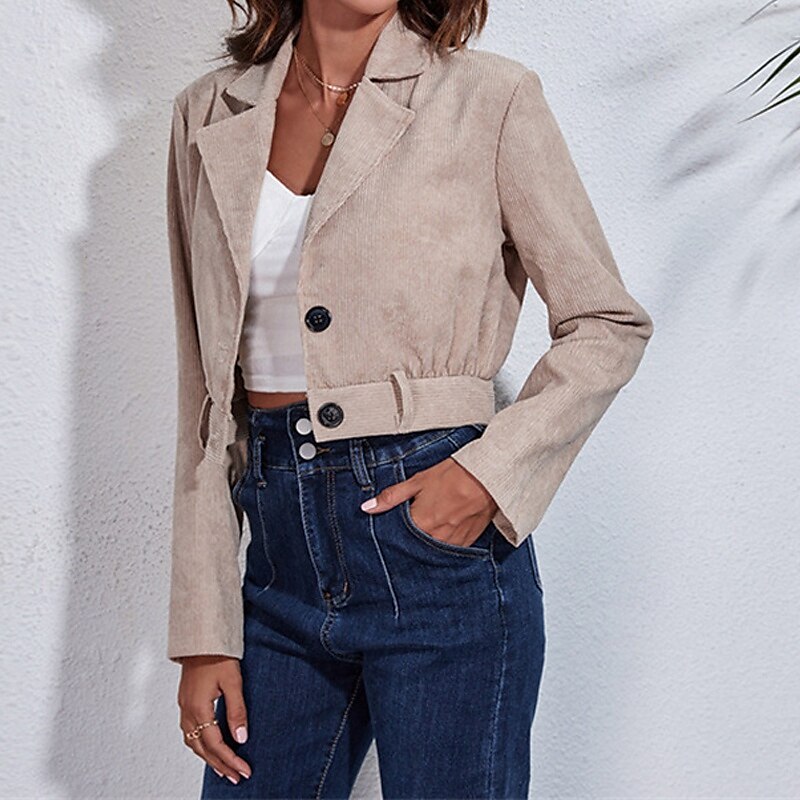 Femmes Veste Décontractée Chaud Confortable Velours Côtelé Mode Extérieur Uni Sortir Week-end Court Col Rabattu Coupe régulière manche longue Vêtements d'extérieur Kaki Automne Hiver de 2025 ? $24.99 –P3