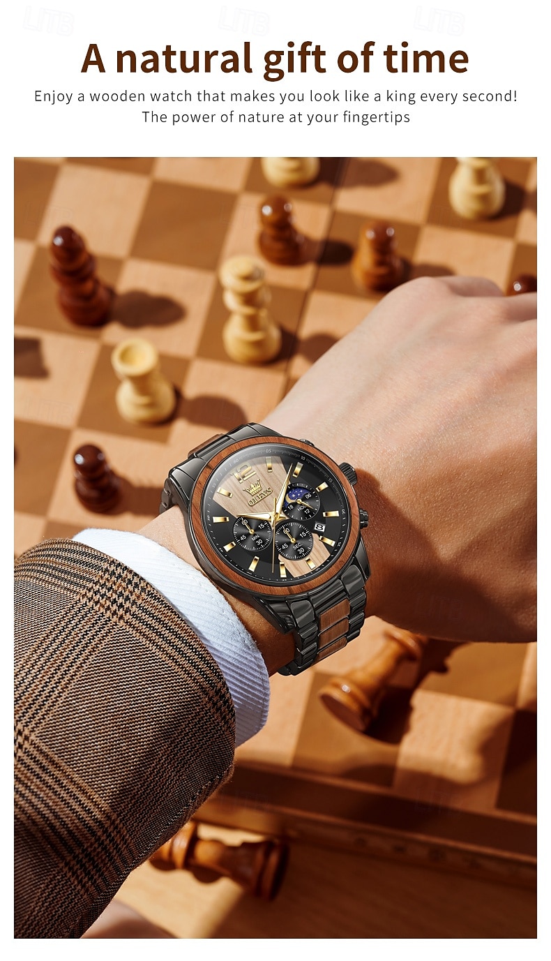 OLEVS 3645 Heren Horloge Top Merk Business Originele Kwarts Horloge Massief Hout Multifunctionele Chronograaf Maanfase Horloge 2026 - $62.99 –P14
