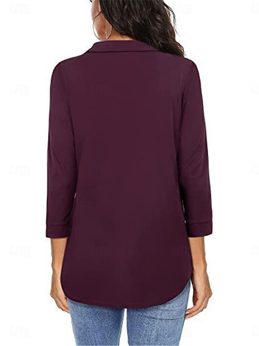 Damen Hemd Einfarbig Elegant Stilvoll Basic Dreiviertelarm V Ausschnitt Normale Oberteile Täglich Schwarz Wein Blau Grün Frühling Herbst 2025 - $17.99 –P2