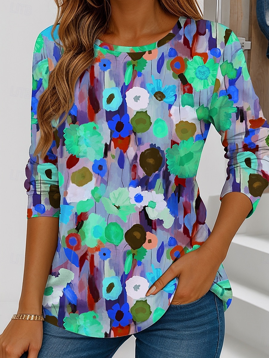 Maglietta da donna a manica lunga con scollo a girocollo tunica grafica floreale vintage elegante casual tops regolari stampa weekend rossa blu viola verde estate del 2025 a $22.99 –P5