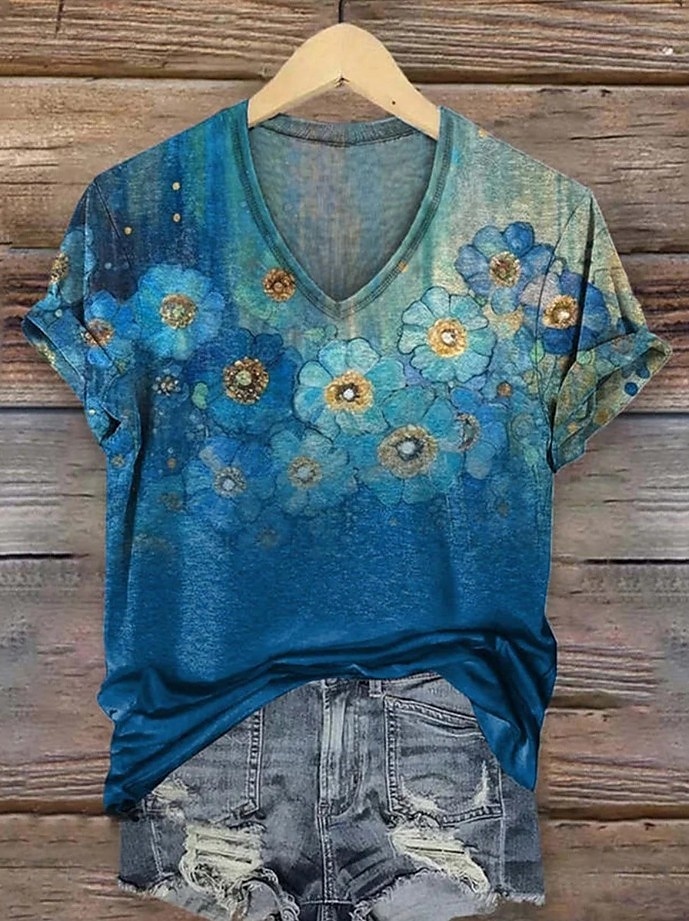 Femmes T-shirt Fleuri Graphique Plantes ancien Mode Hawaïen Manche Courte Col en V Hauts Réguliers Quotidien Sortir Week-end Imprimé Jaune Rose Claire Bleu Violet Orange Été Printemps de 2025 ? $19.99 –P1