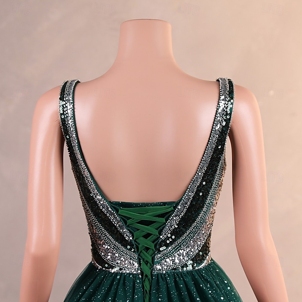 Ballkleid Abendkleid Elegantes Kleid Formale Promenade knöchellang ärmellos V-Ausschnitt Tüll mit Glitzer Pailletten 2025 - $236.69 –P3