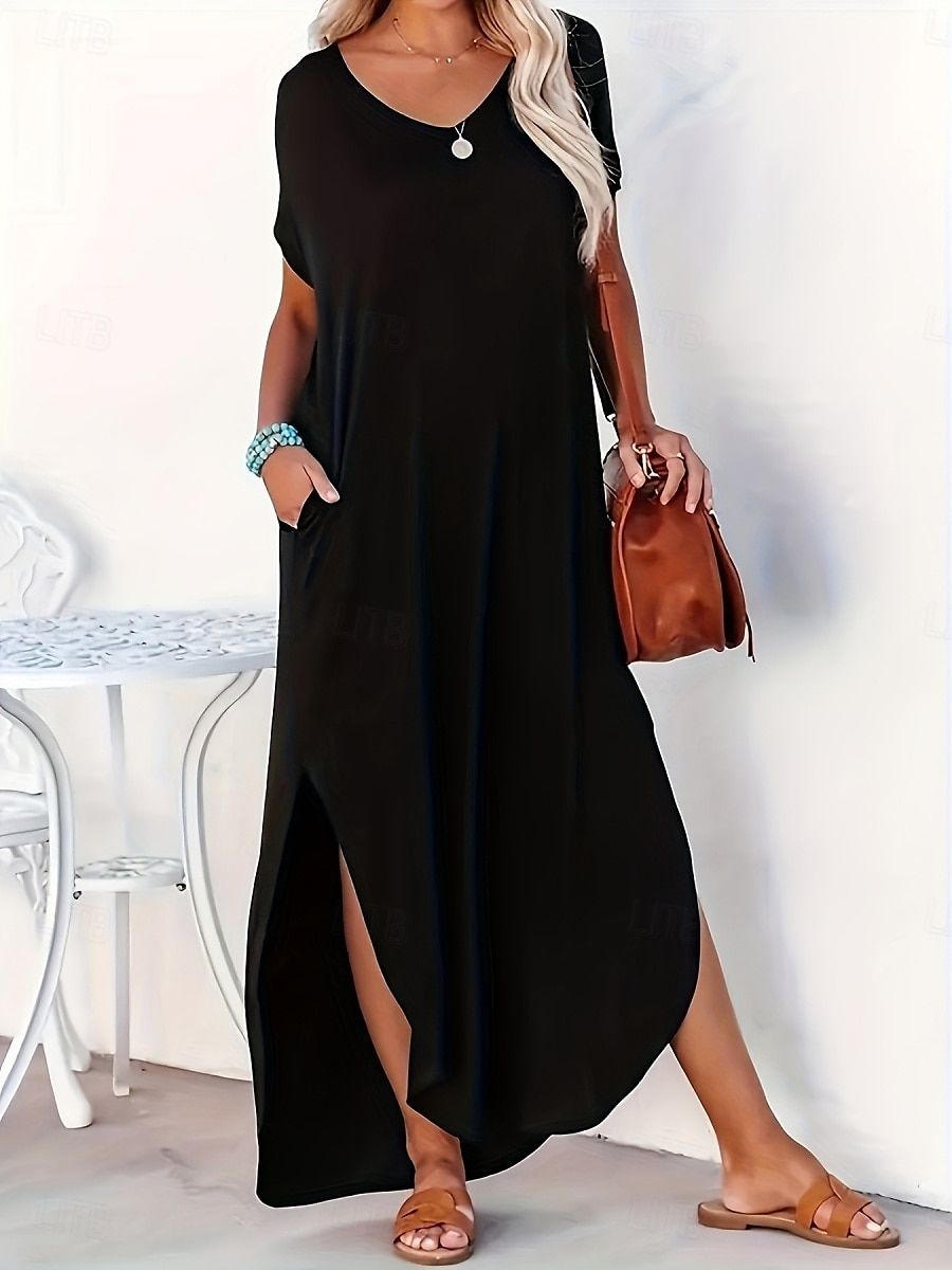 Femmes Robe maxi Robe d'été Occasionnel Quotidien Coupe régulière Uni Manche Courte Col en V Noir Rose Claire Vert Été de 2025 ? $30.99 –P4