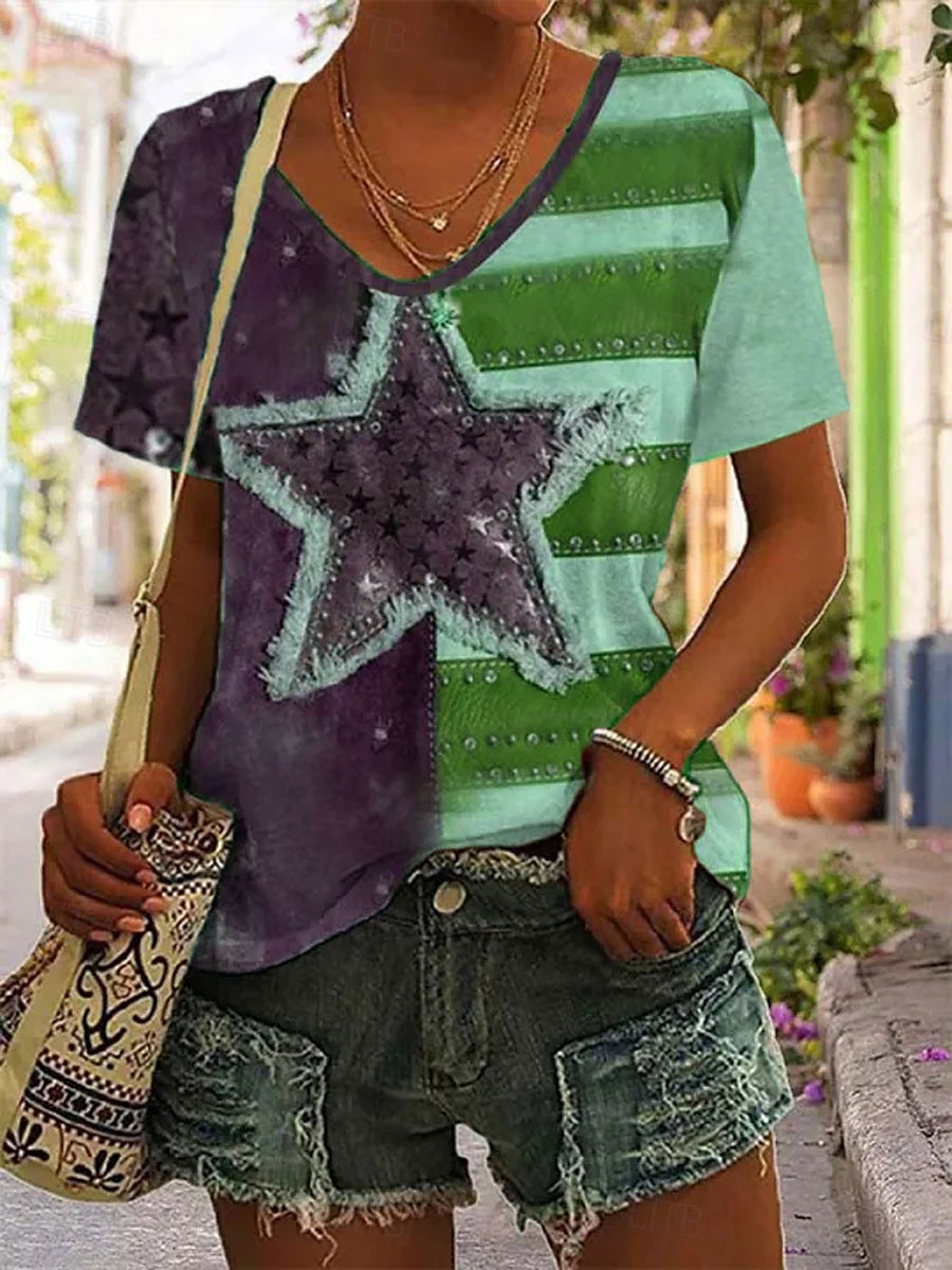 Tricou patriotic pentru femei grafică inimă steag elegant casual cu mânecă scurtă gât în V bluze obișnuite zilnic print albastru mov bronz verde vară primăvară 2025 - $19.99 –P4