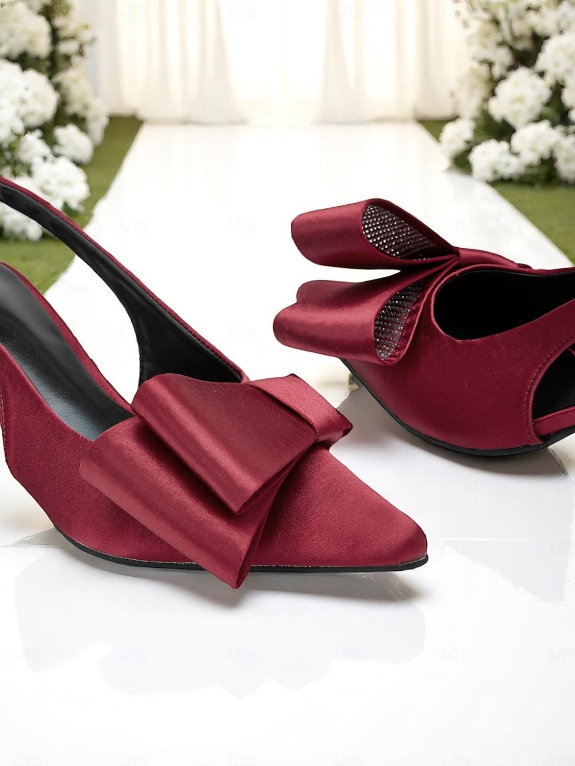 sapatos femininos de salto alto de cetim vermelho, bico fino e laço grande para eventos formais e ocasiões noturnas de 2025 por $46.99 –P1