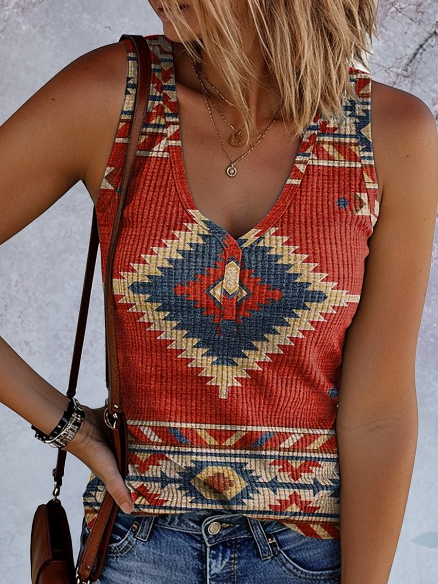 Dame Camisole Tank Top Grafisk Geometrisk Årgang Stilfull Etnisk Ermeløs V-hals Vanlige topper Daglig Trykt mønster Rød Blå Dusty Blue Sommer Vår 2025 - $17.99 –P3