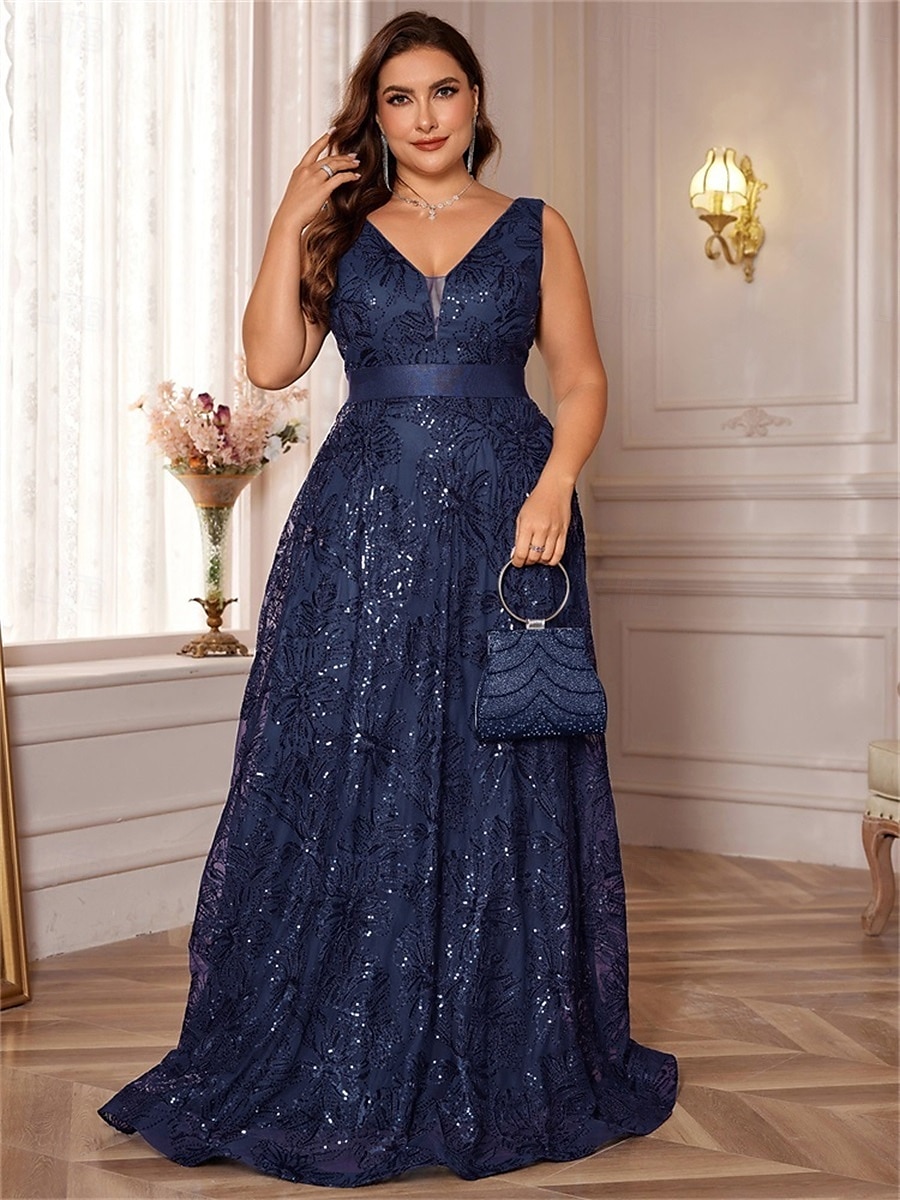 A-Linie Plus Size Kleider Elegantes Kurvenkleid Formelles Hochzeitskleid Bodenlang Ärmellos V-Ausschnitt Spitze mit Pailletten 2025 2025 - $109.99 –P14