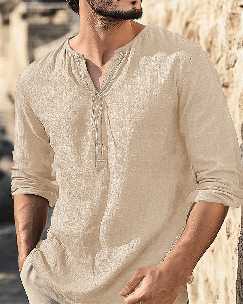 Herren Hemd Leinenhemd Popover-Hemd Freizeithemd Baumwollhemd Einfach Urlaub Hawaiianisch Schwarz Weiß Braun Grün Langarm V Ausschnitt Frühling Herbst Bekleidung 2025 - $32.99 –P1