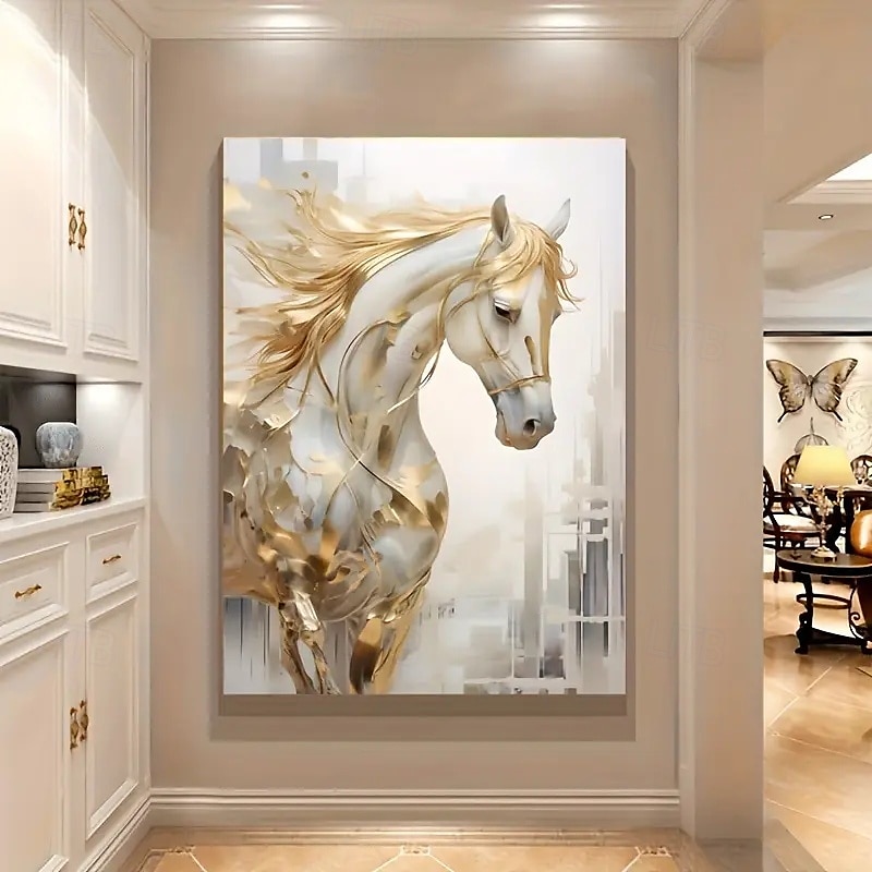 1 ungerahmtes Wandbild auf Leinwand mit goldenem Pferd – modernes, dekoratives Vintage-Gemälde mit Stadthintergrund in Weiß und Gold für Wohnzimmer oder Schlafzimmer im Western-Stil 2025 - $9.49 –P2