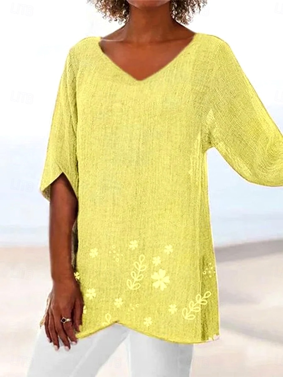 Damebluse Langermet Asymmetrisk Hem Floral Grafisk Blad Hawaii Stilfull Casual 3/4 Lengde Ermer V Hals Vanlige Topper Daglig Ferie Utendørs Trykk Asymmetrisk Hem Gul Lys Lilla Fuksia 2025 - $25.99 –P3