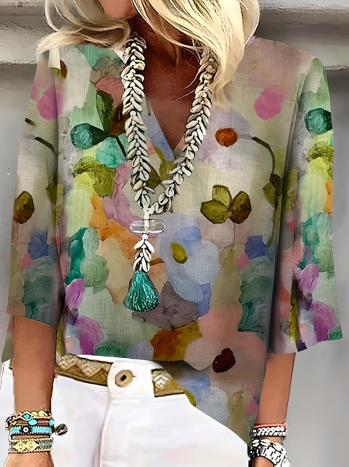 Mujer Blusa Floral Graphic Elegante Casual Estilo playero Manga 3/4 Escote en Pico Tops regulares Diario Festivos Noche Frunce Bordado Estampado Rosa Morado Verde Trébol Verano Primavera 2025 - $25.99 –P2