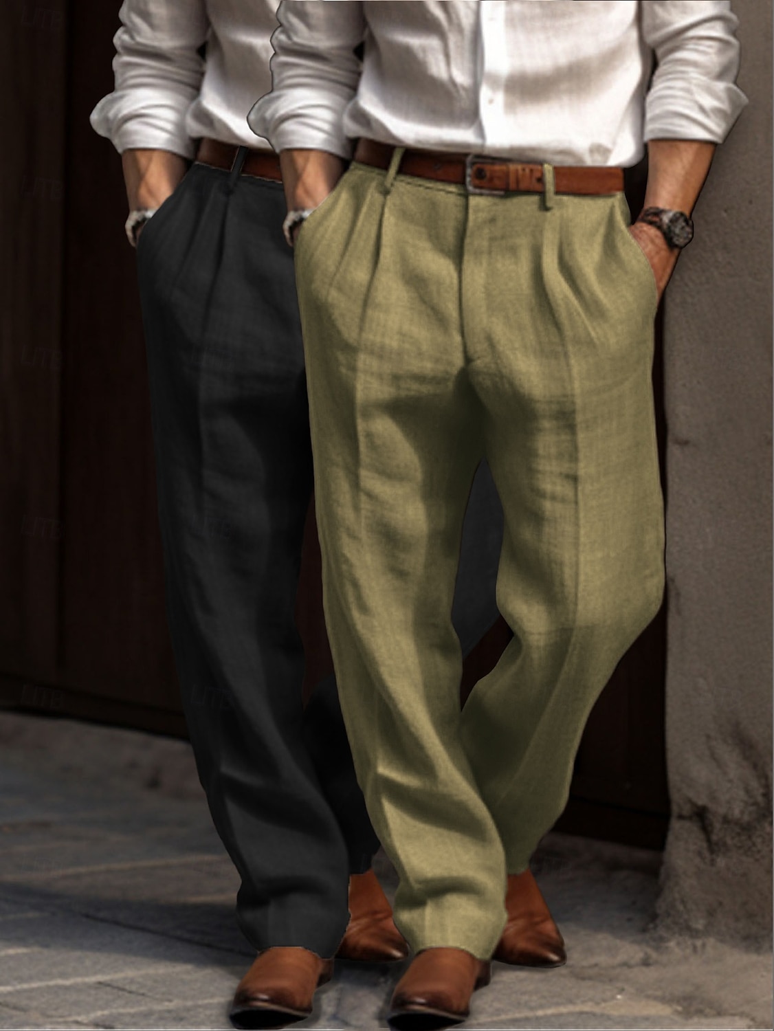 Herren Anzughose Leinenhosen Hose Sommerhose Faltenhose Fronttasche Gerader Schnitt Einfach Komfort Atmungsaktiv Volle Länge Outdoor Lässig Täglich Urlaub Mode Grün + grau Schwarz+Grau 2025 - $23.99 –P7