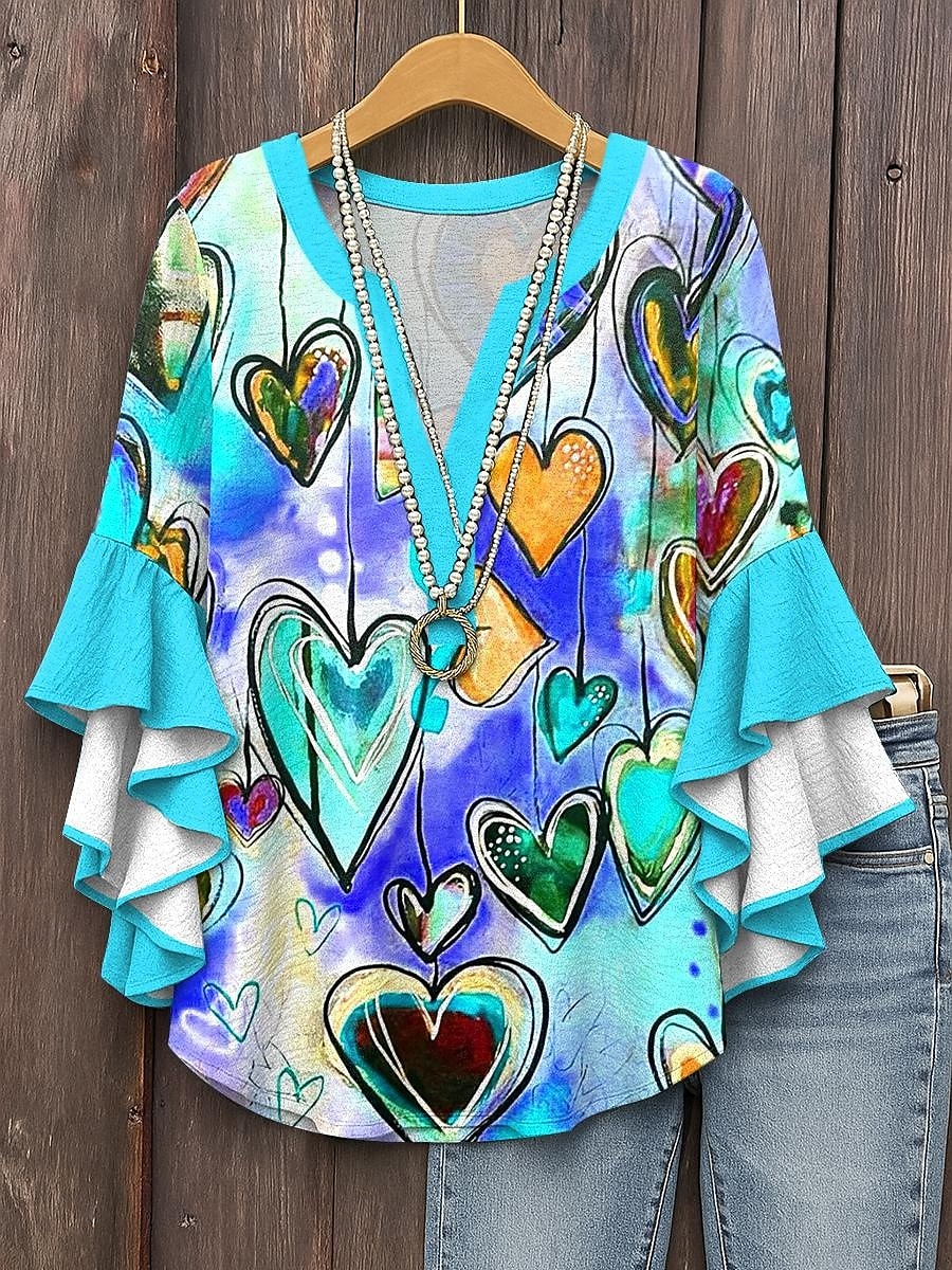 Women's Blouse Heart Graphic Bohemia Vintage Daily 3/4 Length Sleeve V Neck Regular Tops Daily Holiday Print Red Blue Purple Green Summer Spring Fall 2025 - $29.99 –P5