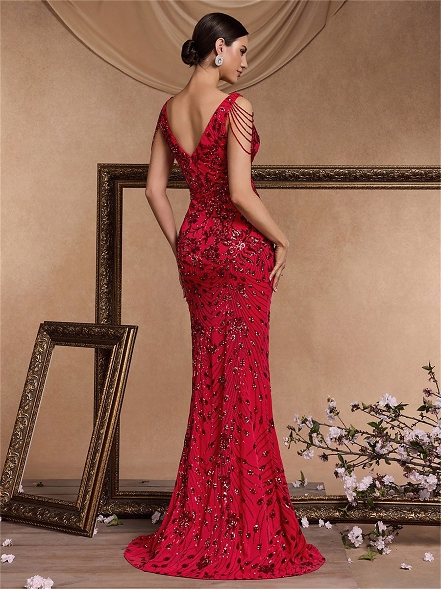 Vestidos de quinceañera de sirena/trumpet vestido elegante boda invitada de boda larga sin mangas con cuello de pico poliéster sin espalda con lentejuelas 2025 - $109.99 –P8