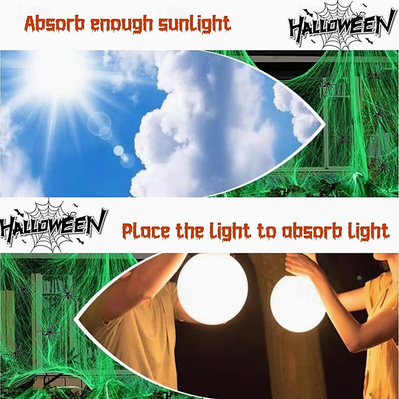 Halloween hohtaa pimeässä hämähäkinseittiä ja ylimääräisiä väärennettyjä hämähäkkejä Halloween ulkovalaistuskoristeet sisä- ja puutarhaan Kummitustalon juhlatarvikkeet 2025 - $9.49 –P3