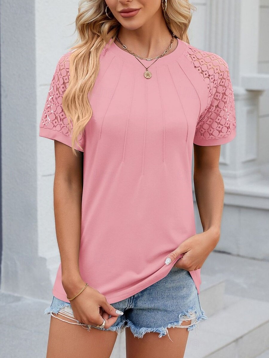 Damen T Shirt Einfach Mode Stilvoll Klassisch Kurzarm Rundhalsausschnitt Normale Oberteile Täglich Wochenende Patchwork Weiß Rosa Blau Khaki Sommer 2025 - $22.99 –P9