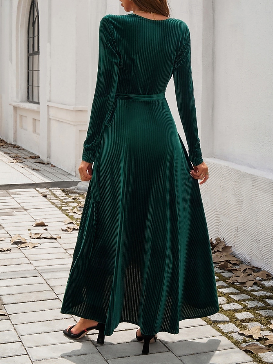 Femmes Robe maxi Robe Portefeuille Robe trapèze Occasionnel Quotidien Coupe régulière Uni manche longue Col en V Noir Rouge Vert Automne Hiver de 2025 ? $41.99 –P3