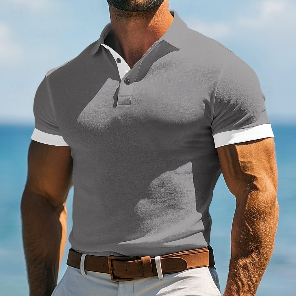 Herren Golfshirt Urlaub Arbeit Revers Gerippter Polokragen Kurzarm Basic Modern Farbblock Patchwork Knöpfe Sommer Frühling Frühling & Sommer Schmale Passform Marineblau Blau Grün Grau Golfshirt 2025 - $20.99 –P12