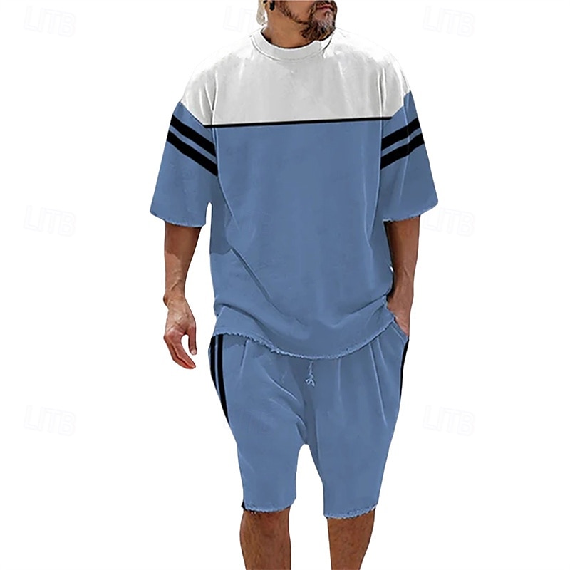 Voor heren T-shirt past 2 stuks outfits T-shirt en korte broek Korte mouw Strakke ronde hals Zomer Kleurenblok Modieus Casual 2-stuks Vakantie Alledaagse kleding Uitgaan Zwart Blauw Groen Top T-shirt 2025 - $26.99 –P4
