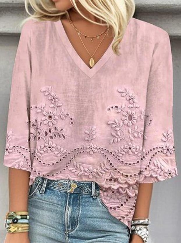 Per donna Blusa Floreale Grafico Elegante Casual Spiaggia Manica 3/4 Scollo a V Top Regolari Quotidiano Ferie Uscire Stampato Bianco Rosa Blu Estate Primavera del 2025 a $25.99 –P2