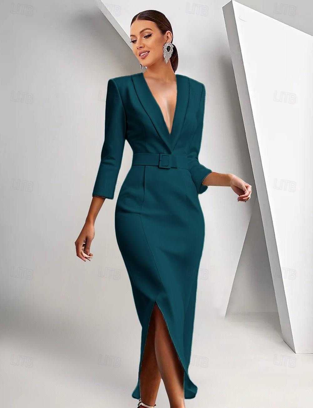 Blazer-Kleid Meerjungfrau  Trompete Brautmutter Kleid Krepp Smoking Kleid Elegantes Hochgeschnittenes Schalkragen Bodenlang 3/4 Ärmeln mit Gürtel Farbblock Einfarbig 2025 2025 - $169.99 –P8