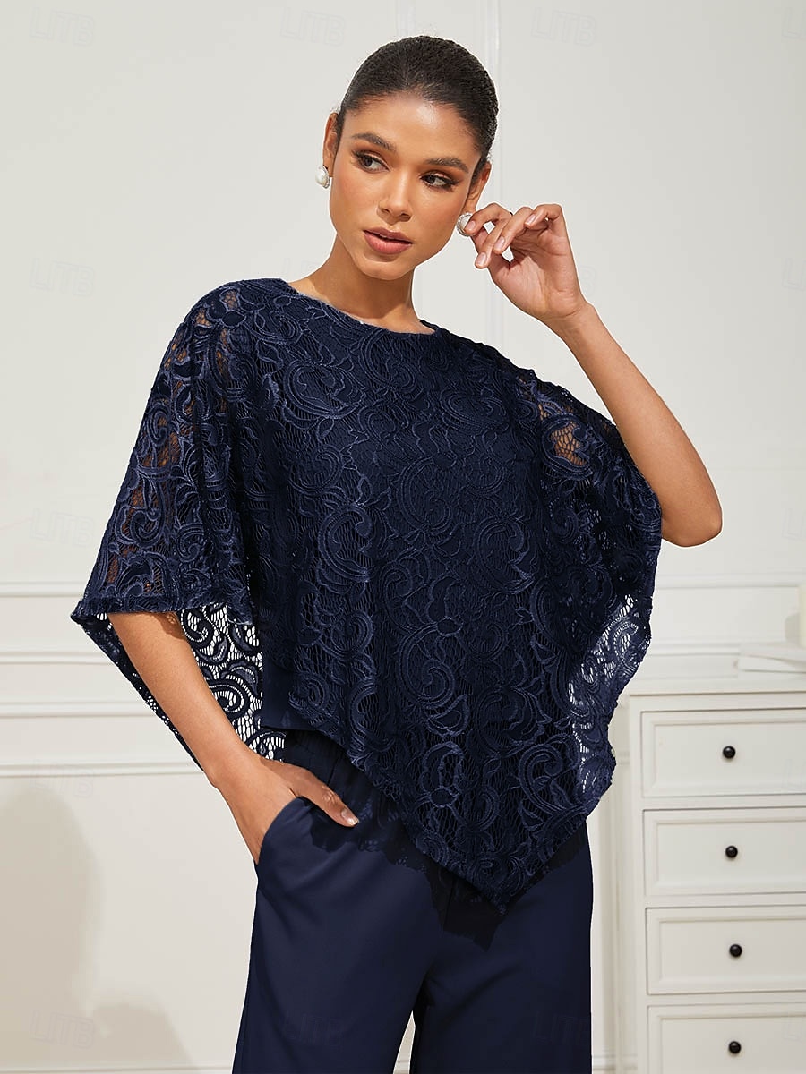 Dame Bluse Dressy topper عادي Elegant Halvlange ermer Crew-hals Vanlige topper Bryllupsgjest Daglig Blonde Lapper Multi Layer Navyblå Sommer Vår 2025 - $49.99 –P5