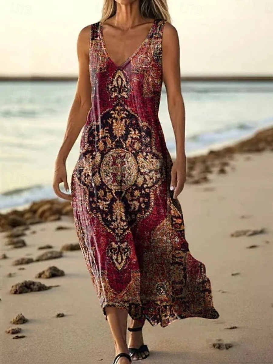 Women's Long Dress Maxi Dress Casual Dress Tank Dress Summer Dress African Daily Holiday Beach Regular Fit Floral Sleeveless V Neck Wine Burgundy Navy Blue Blue Summer 2025 - $20.99 –P4