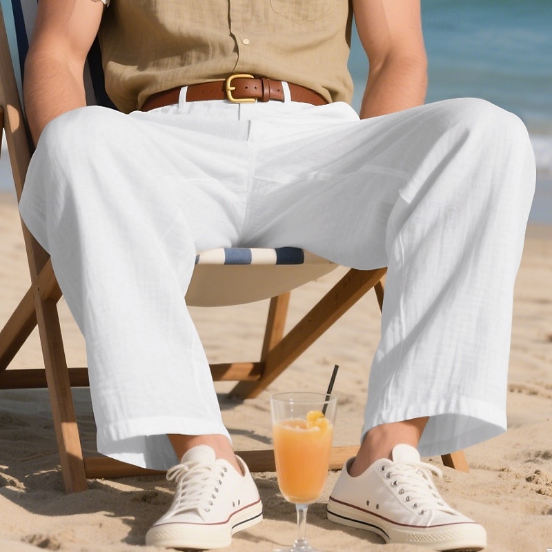 Men's Linen Pants Trousers Summer Pants Beach Pants Pocket Straight Leg Plain Comfort Breathable Vacation Daily Holiday Hawaiian Boho Black White 2025 - $25.99 –P9